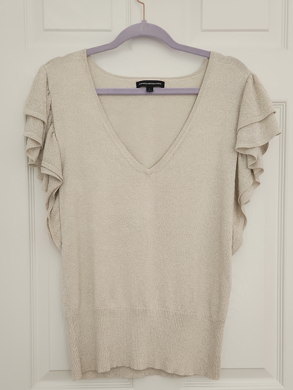 Shimmery Light Gold Business Casual Going Out V-Neck Ruffle Sleeve Knit Top